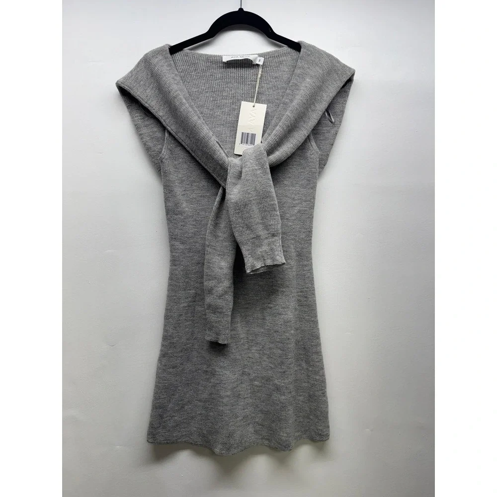 Aya Muse Knit Mini Dress Womens M Gray Alpaca Wool Blend Tie Front‎ Sleeveless